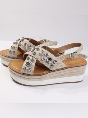 Copper Key Tan Espadrille Platform Sandals with Rhinestone Accents